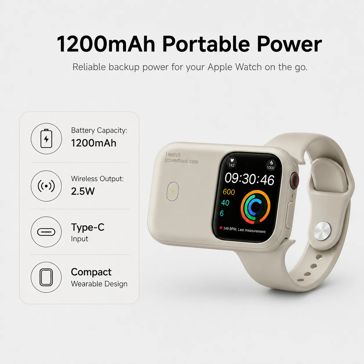 1200mAh Magnetic Wireless Power Bank for Apple Watch – Portable Type-C Rechargeable Charger