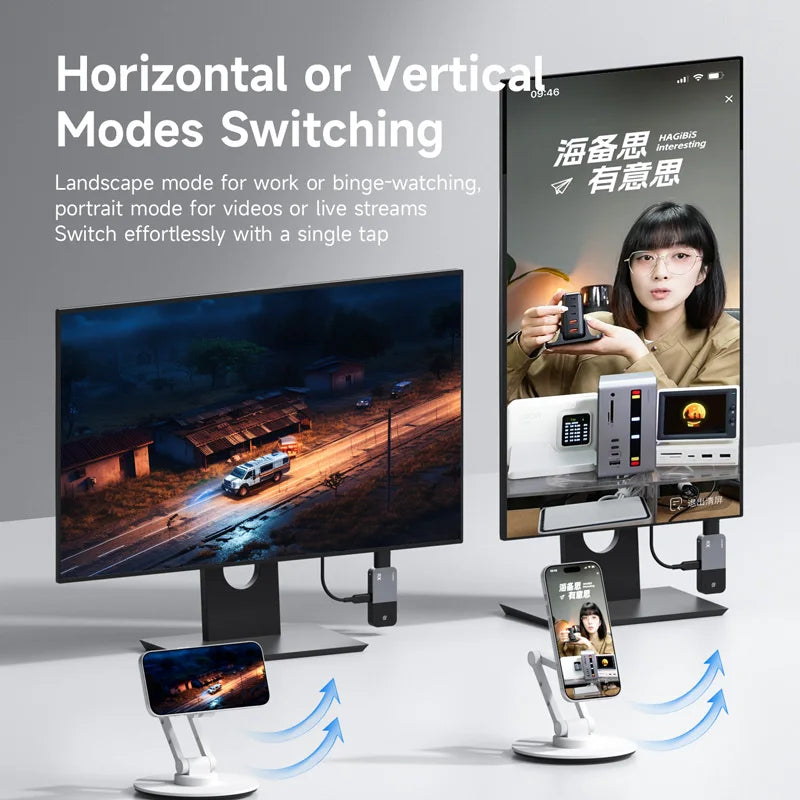 Monitor with landscape and portrait modes switching feature, showing a car on road and a person holding a phone.