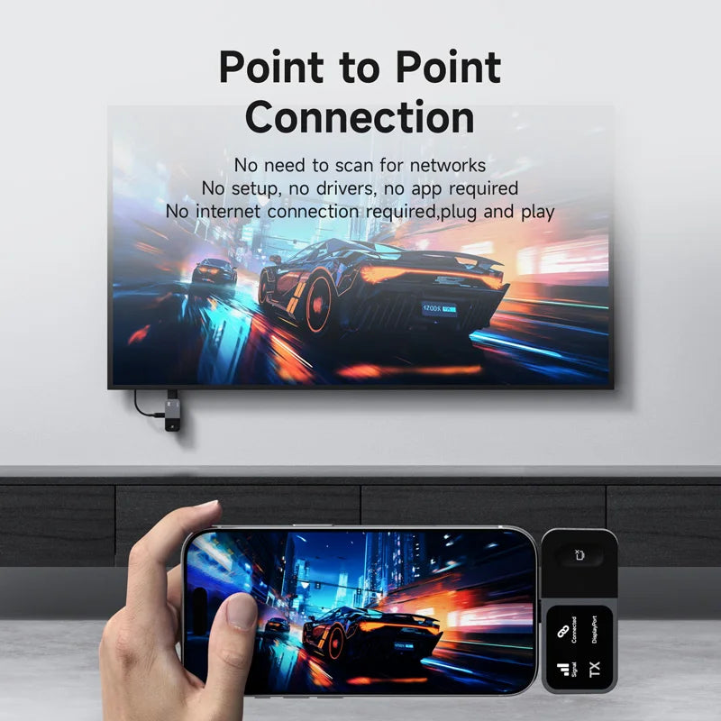Smart TV displaying a racing game with a phone and transmitter on a table below.