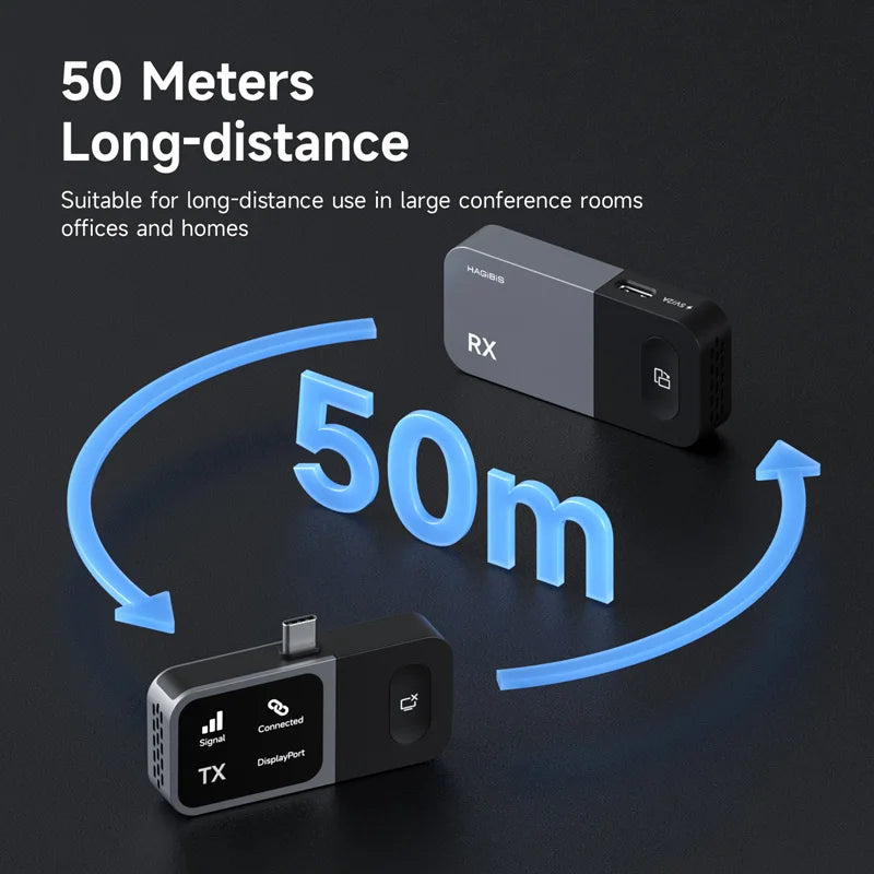 Two electronic devices labeled 'TX' and 'RX' with a 50-meter distance indicator on a dark background.
