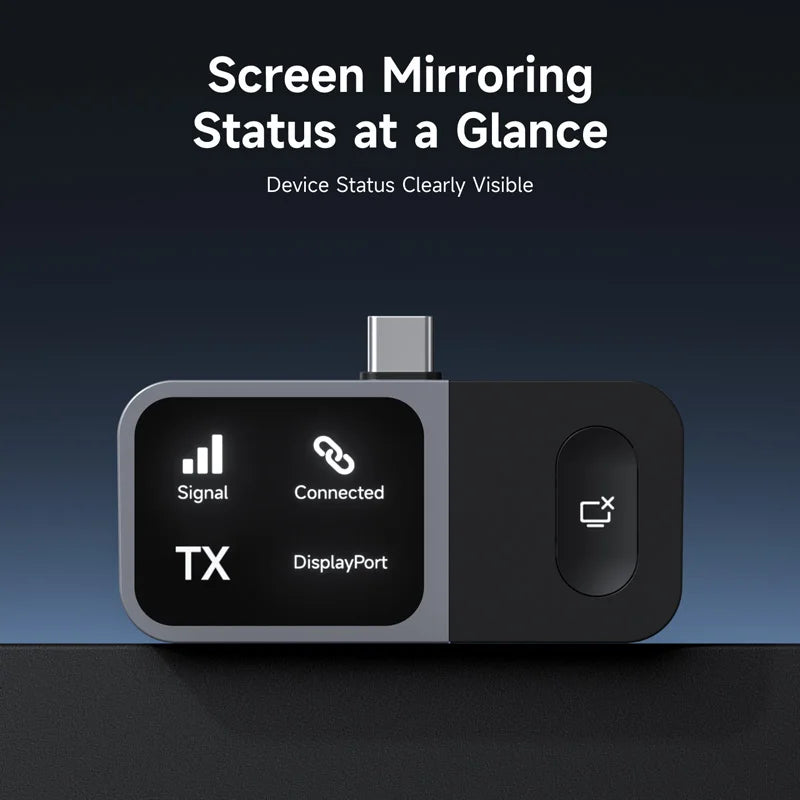 Screen mirroring device with status indicators on a dark background