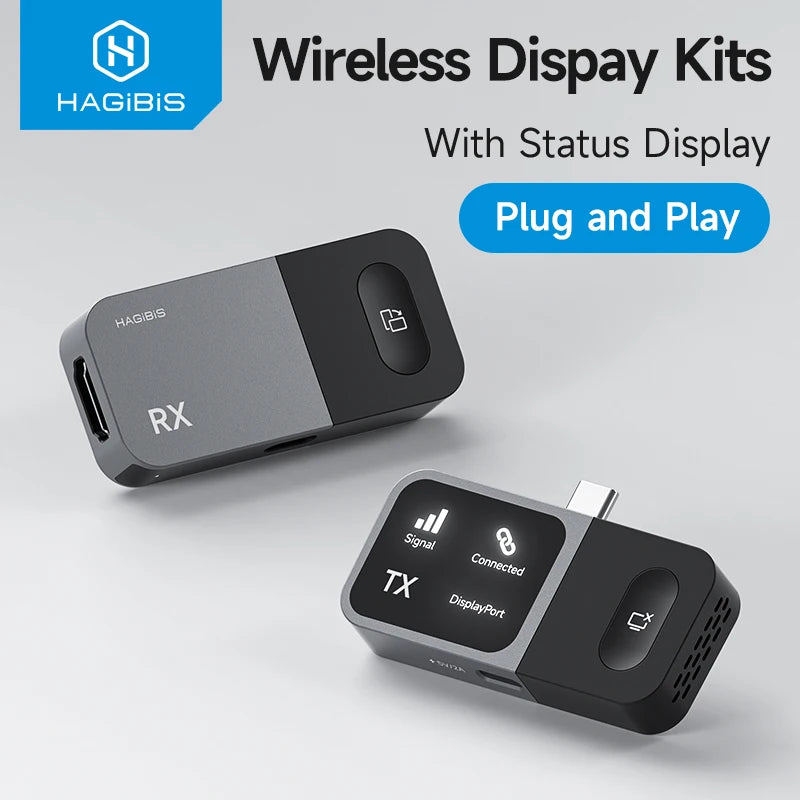 Two wireless display kits with status display labeled 'RX' and 'TX' on a gray background, featuring the Hagibis brand.