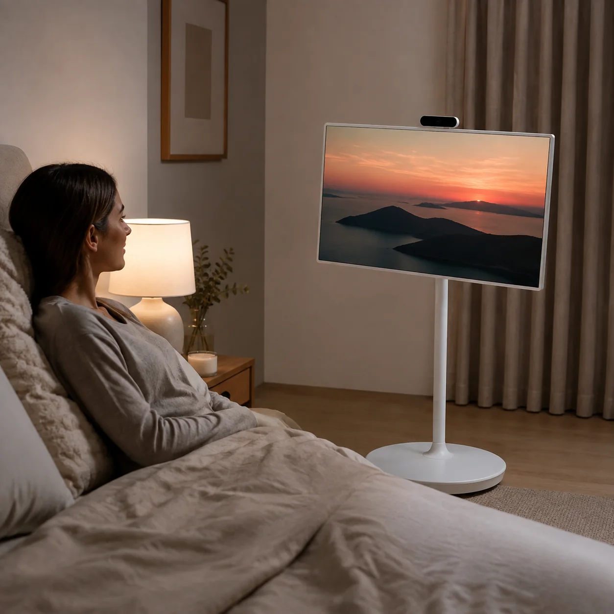 Portable touchscreen angled toward a bed