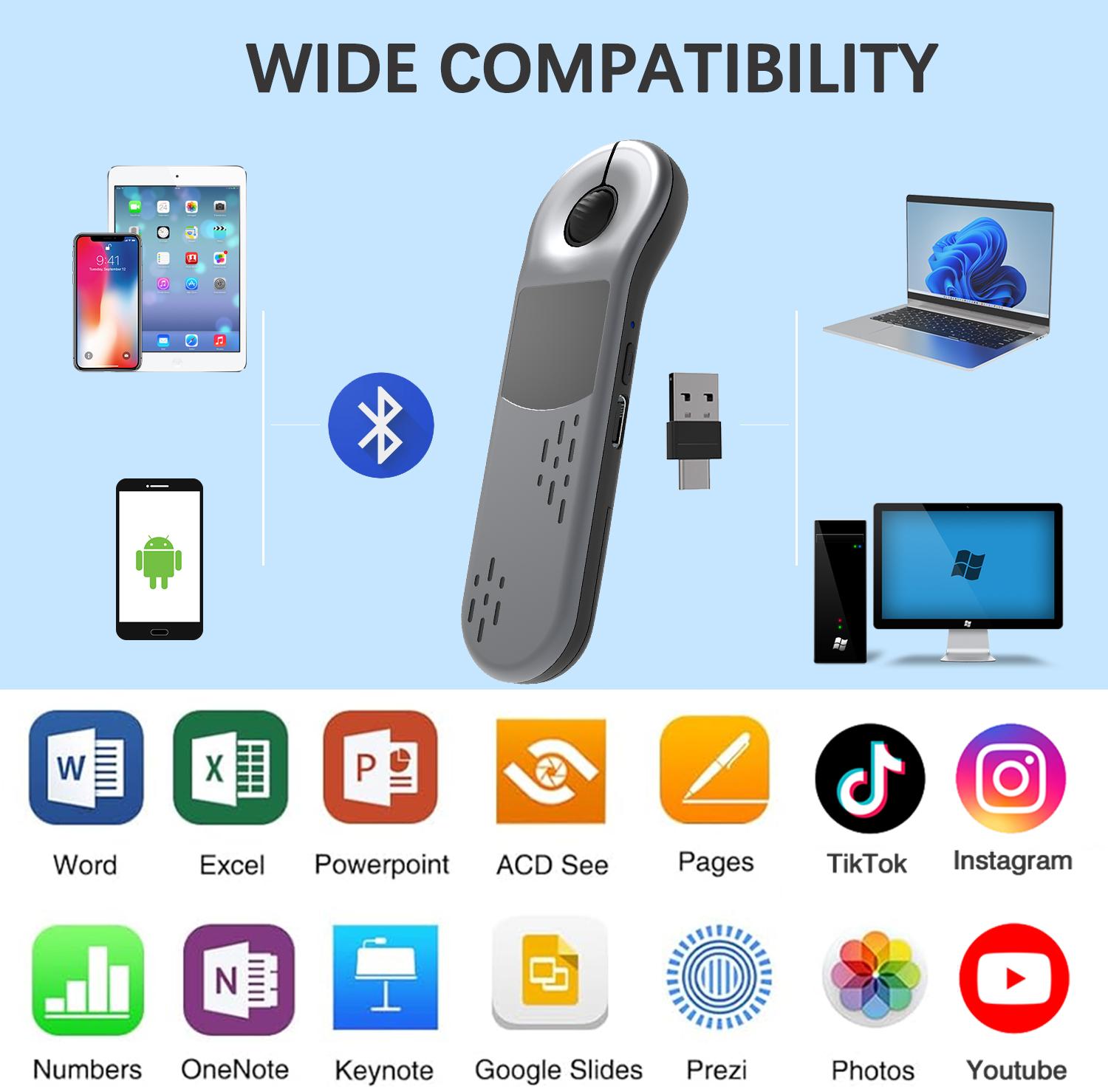 Xring Wireless Presentation Clicker with Touchpad Mouse, Red Laser Pointer and TikTok Scrolling Remote for Office Meetings, Classroom Presentations, Home Entertainment and Travel &ndash; Bluetooth for iPhone, iPad and Android; Pro 2.4G for Mac and Windows