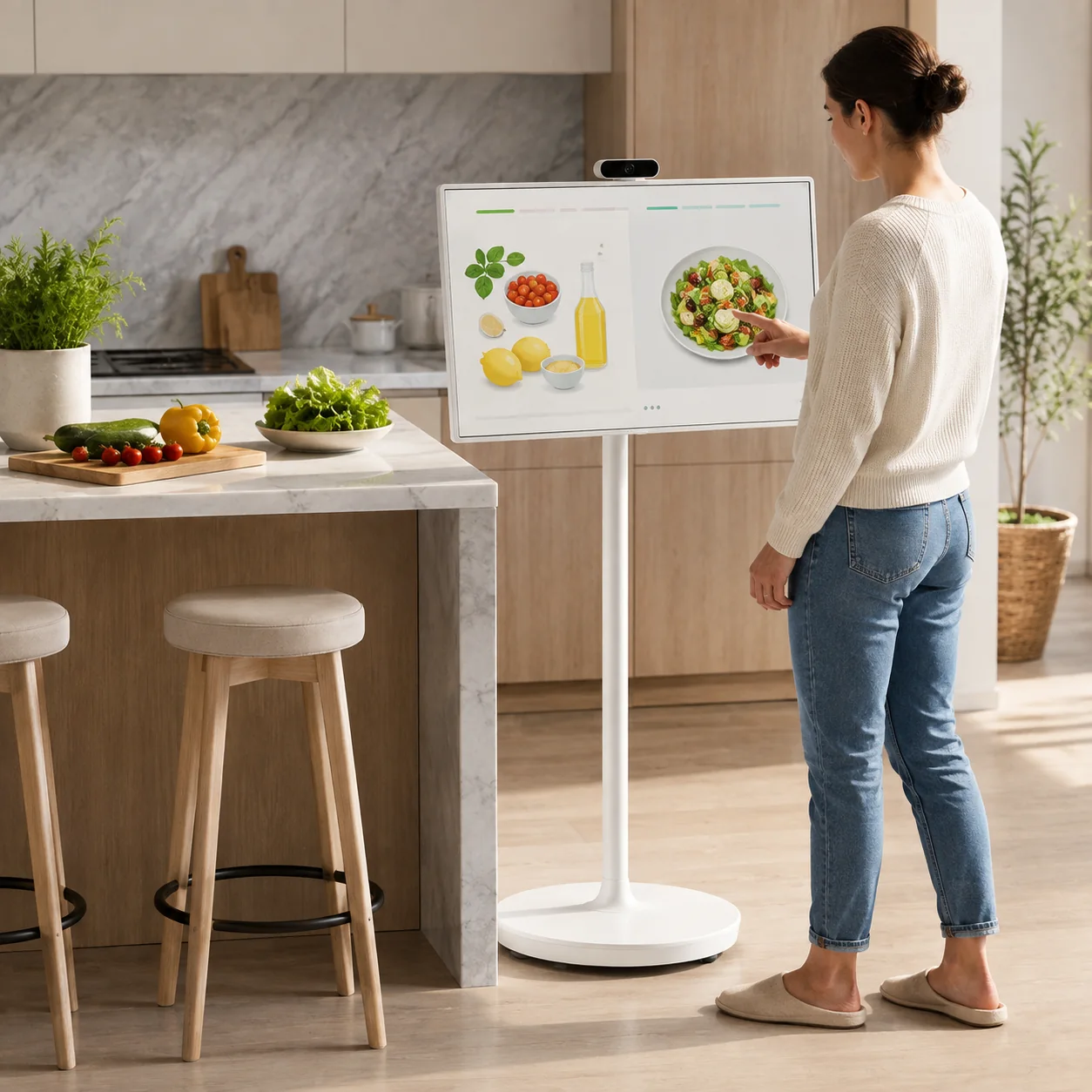 Large portable touchscreen beside a kitchen island