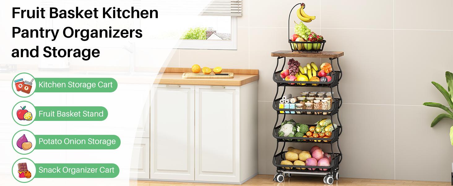 4/5/6 Tier Fruit Vegetable Basket for Kitchen with Wooden Tabletop, Storage Cart Vegetable Basket Bins for Onions and Potatoes, Wire Storage Basket Organizer Utility Cart with Wheels, Black Organizing Home Interior Layer Rack