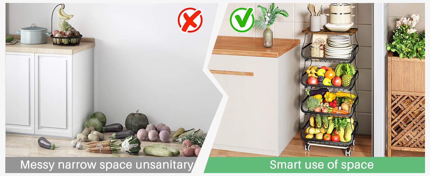 4/5/6 Tier Fruit Vegetable Basket for Kitchen with Wooden Tabletop, Storage Cart Vegetable Basket Bins for Onions and Potatoes, Wire Storage Basket Organizer Utility Cart with Wheels, Black Organizing Home Interior Layer Rack