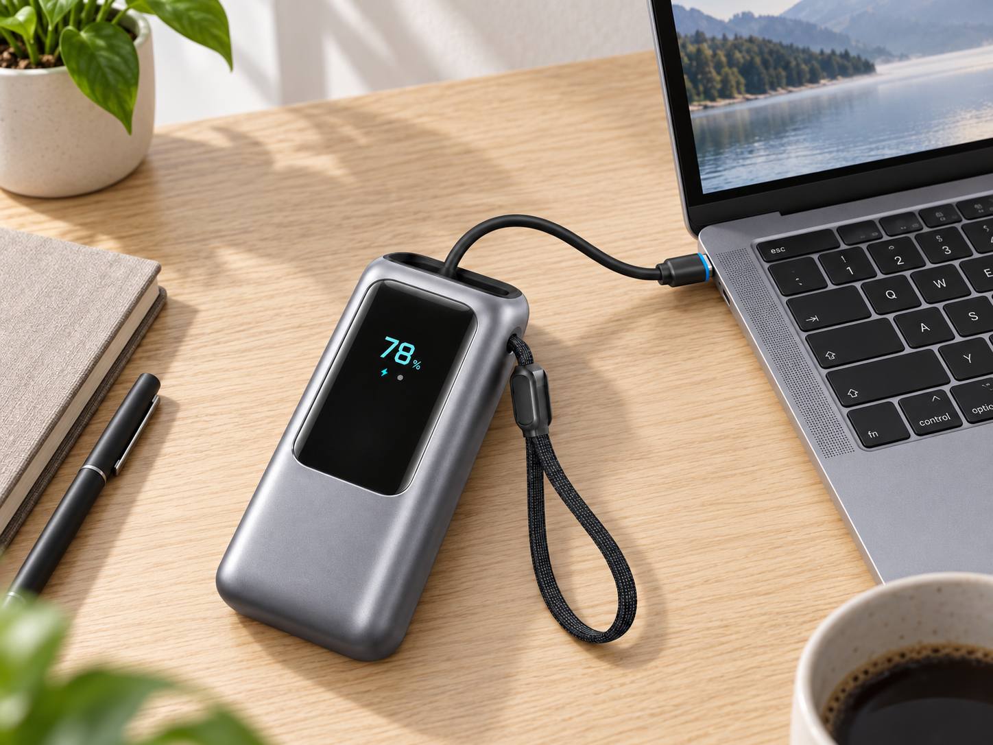 25000mAh 165W Powerbank mit integrierten USB-C Kabeln für Laptop, Smartphone & Tablet