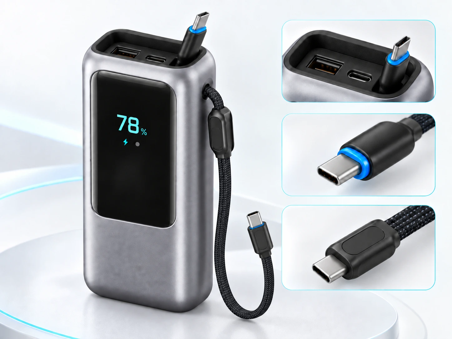25000mAh 165W Powerbank mit integrierten USB-C Kabeln für Laptop, Smartphone & Tablet