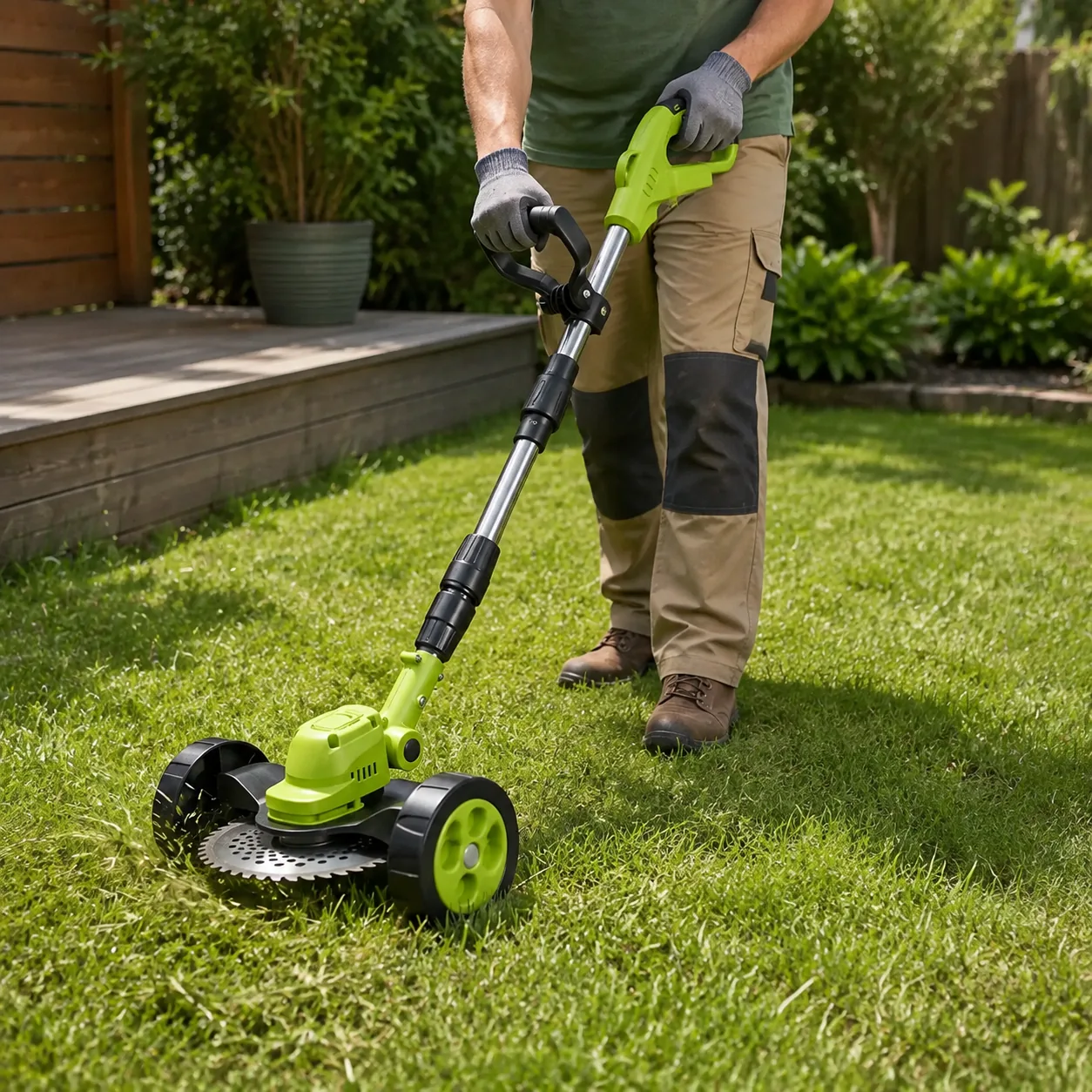 Dual-wheel cordless trimmer being guided across a small lawn