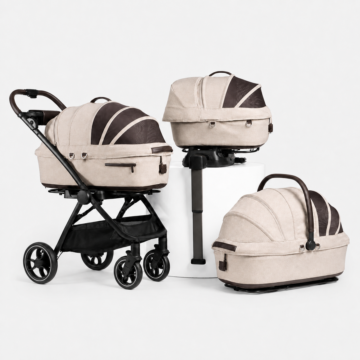 Same fawn carrier shown on stroller, vehicle base and as a standalone bed
