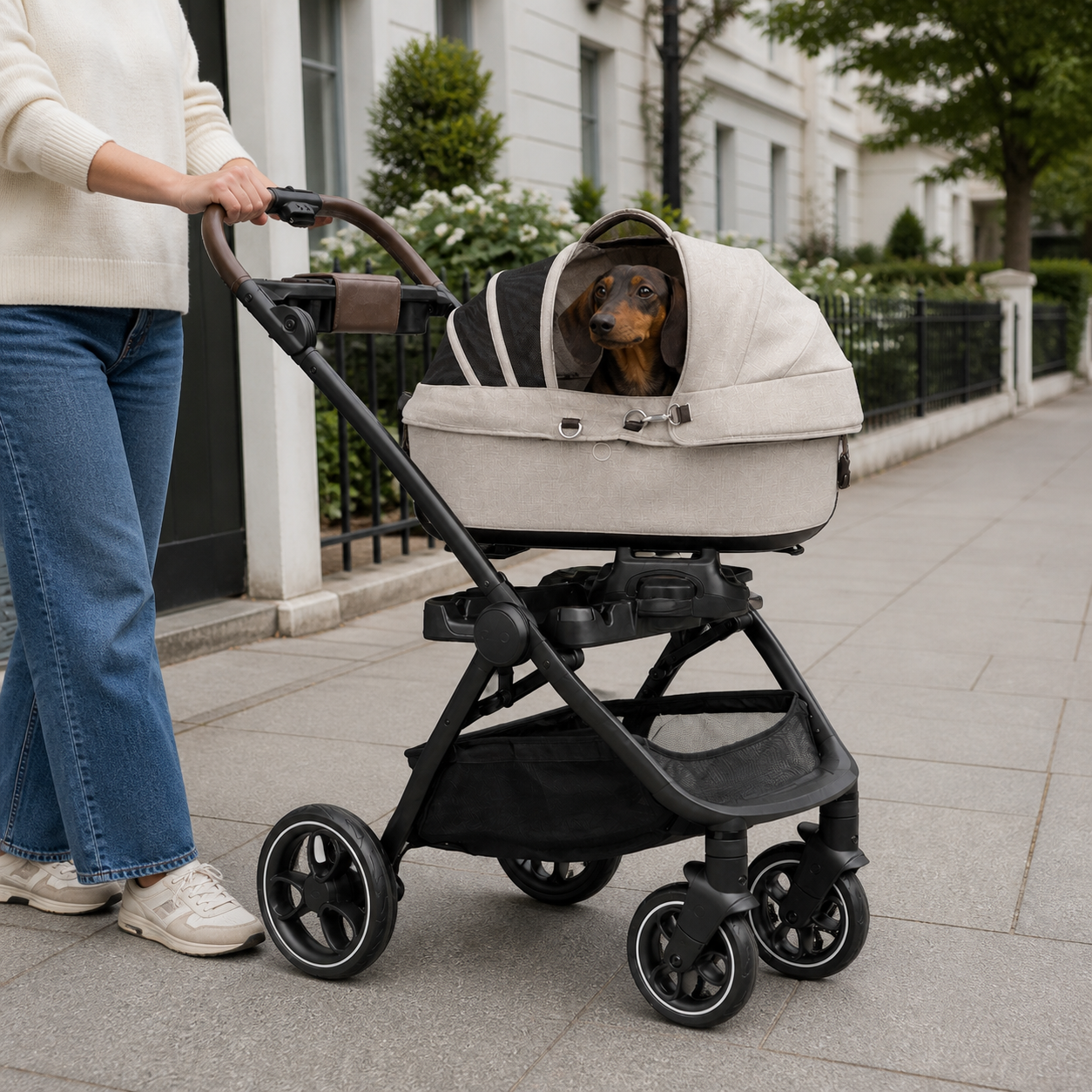 Fawn carrier docked on four-wheel stroller during an ordinary pavement walk
