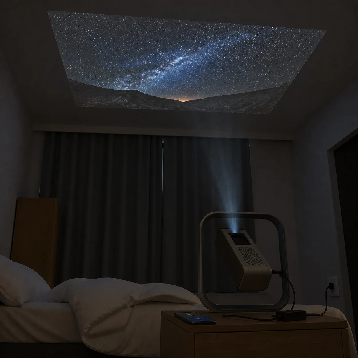 Powered projector angled upward with a phone casting wirelessly to the ceiling