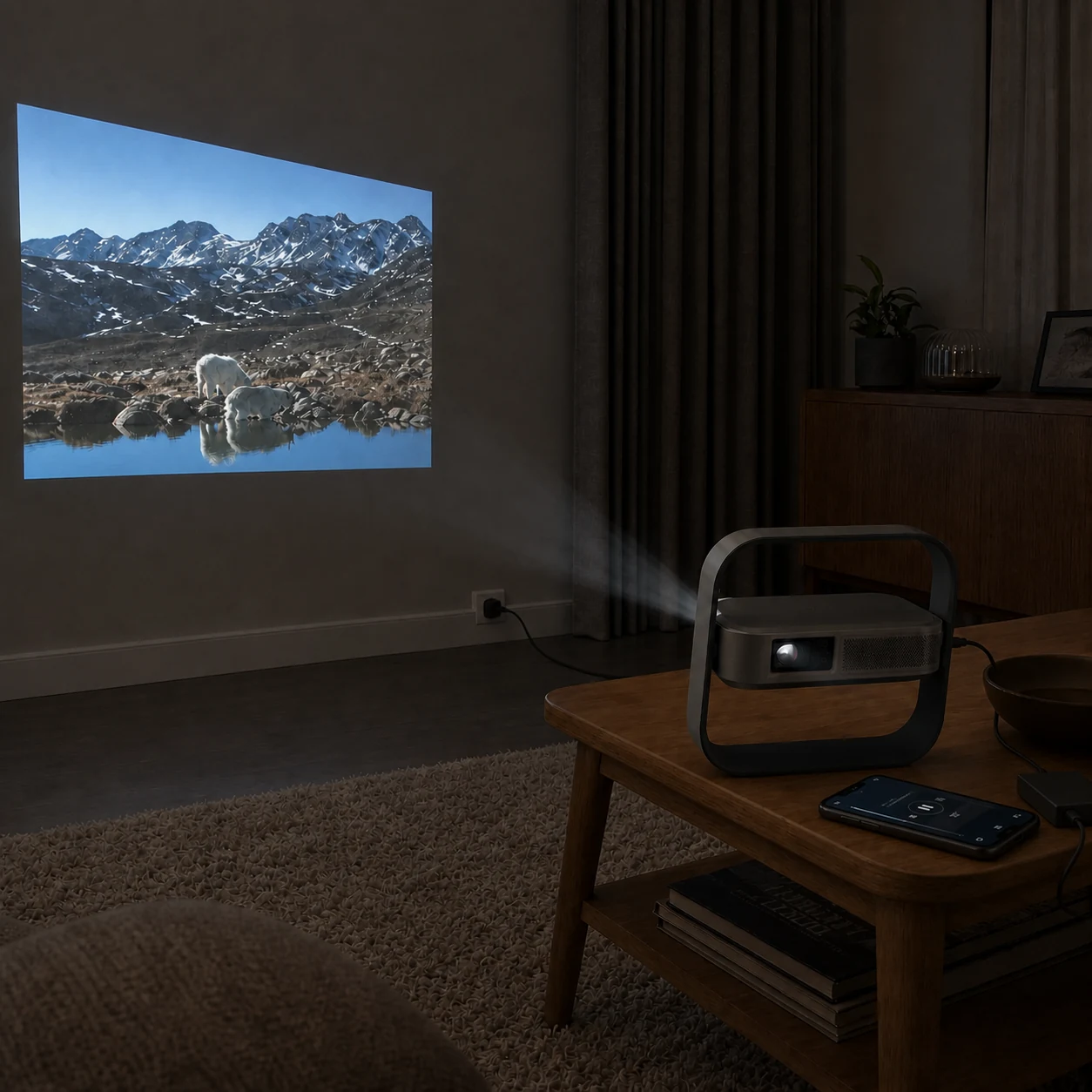 Powered projector casting to the wall while a phone supplies the picture over Wi-Fi