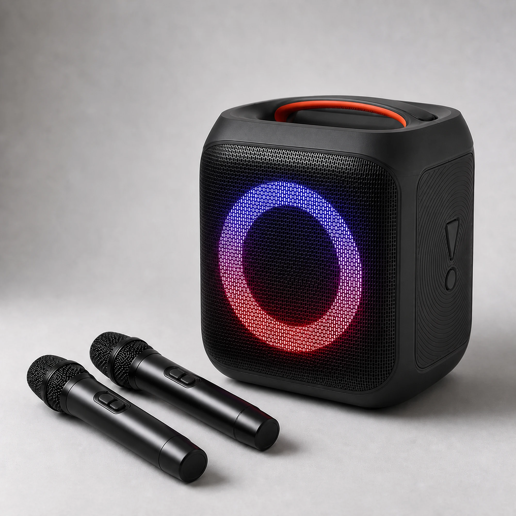 Portable party speaker set with two wireless microphones in neutral studio light