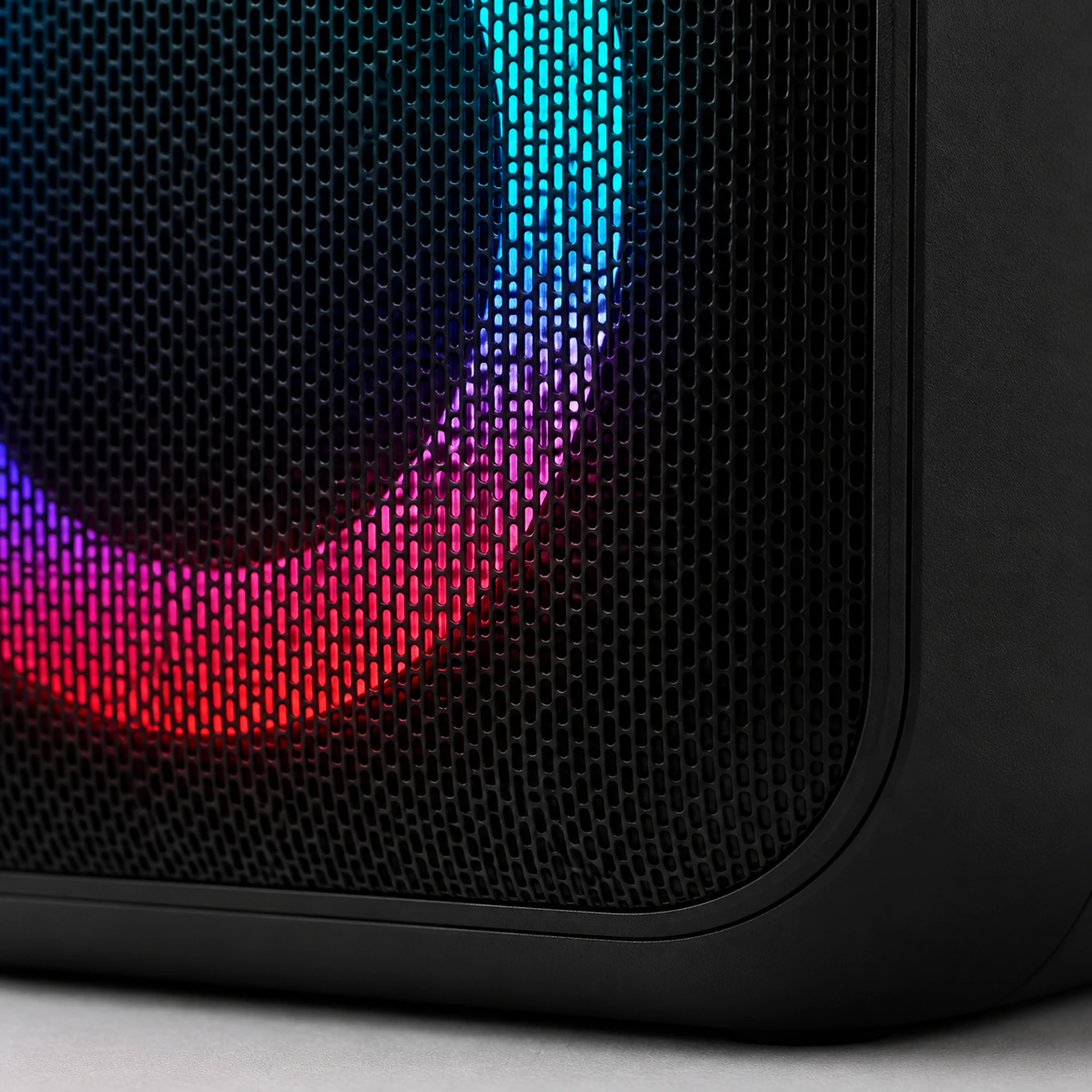 Macro detail of the speaker grille and colour light ring