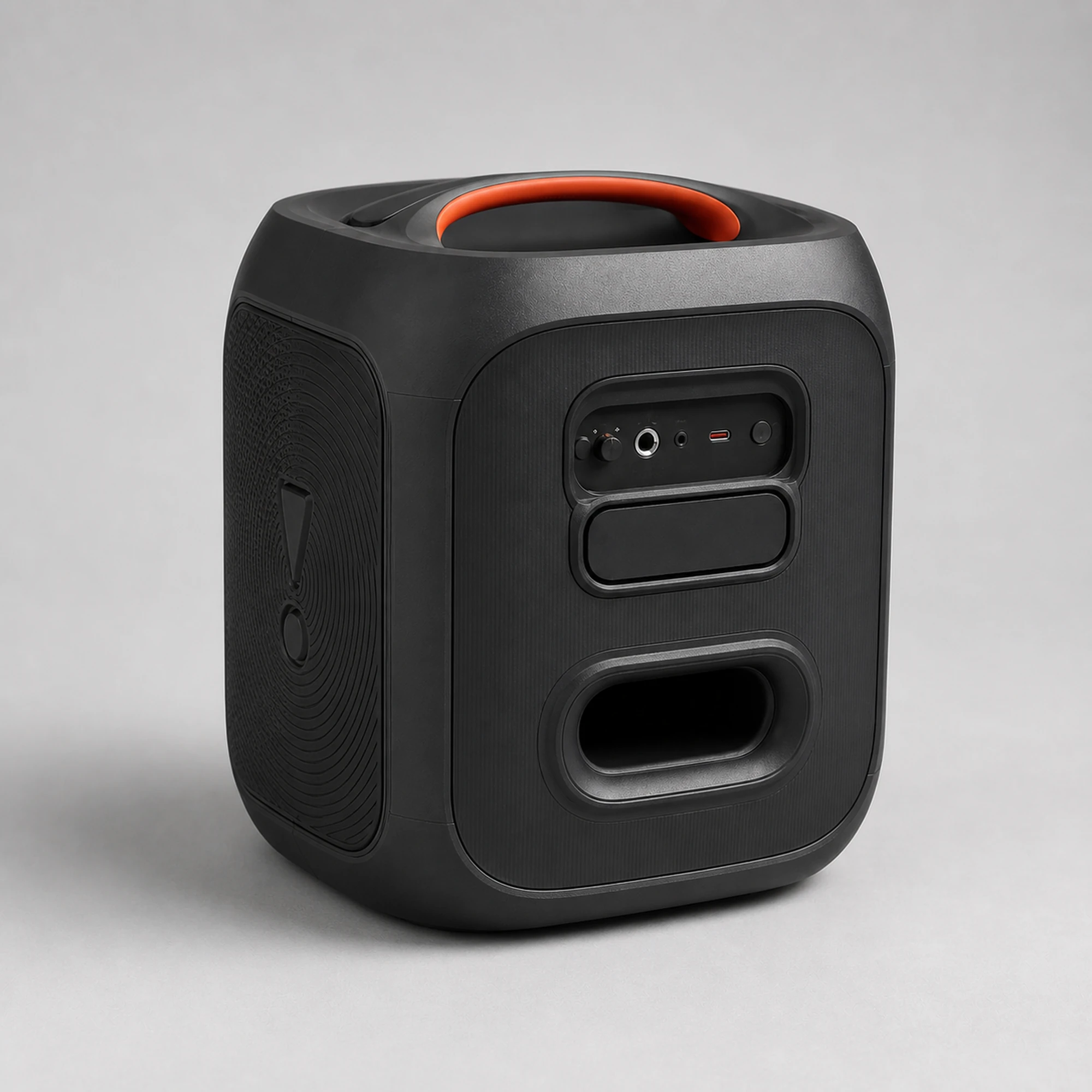 Rear controls and bass port of the portable party speaker
