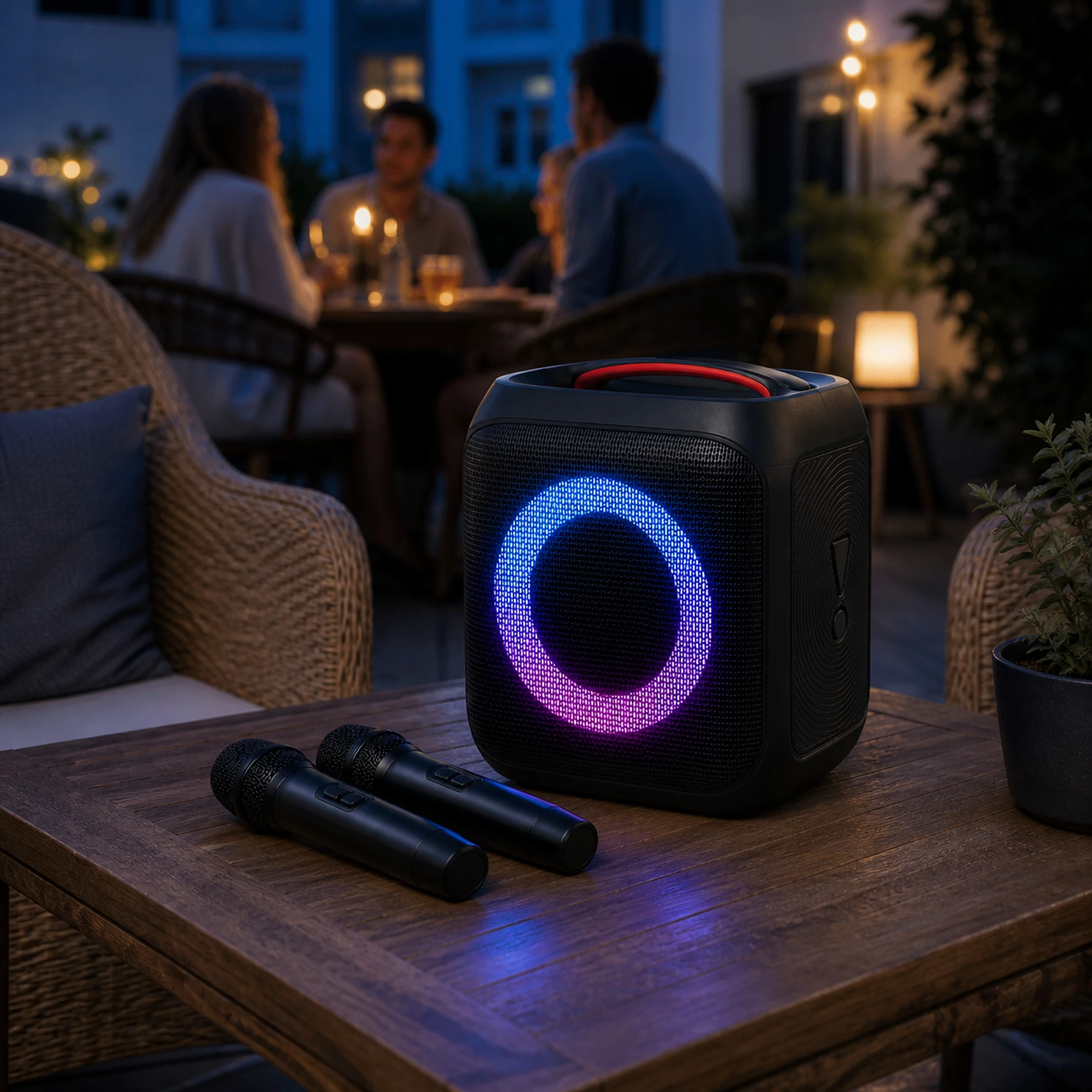 Speaker and two wireless microphones on a European terrace