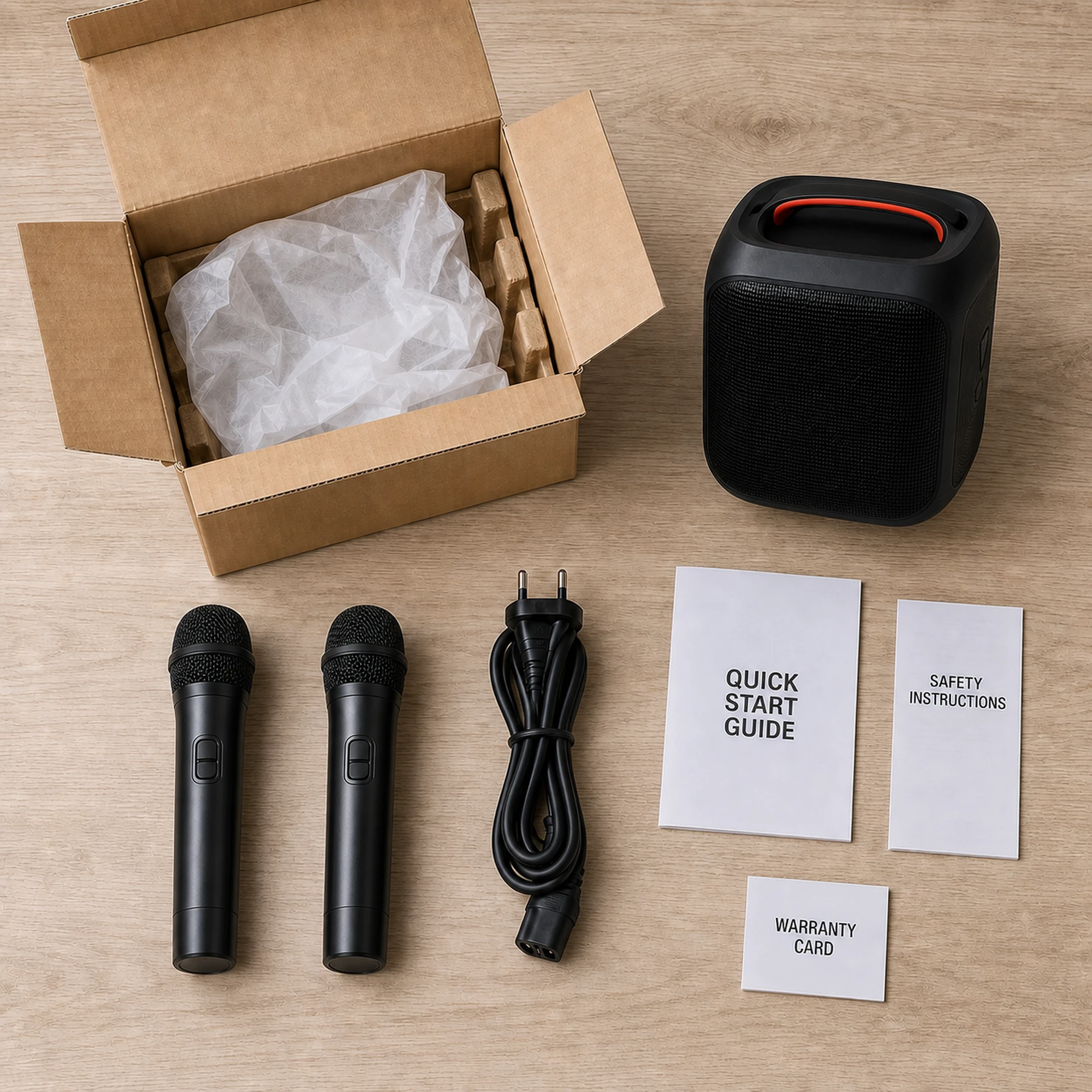 Package contents with speaker two microphones EU power cable and documents