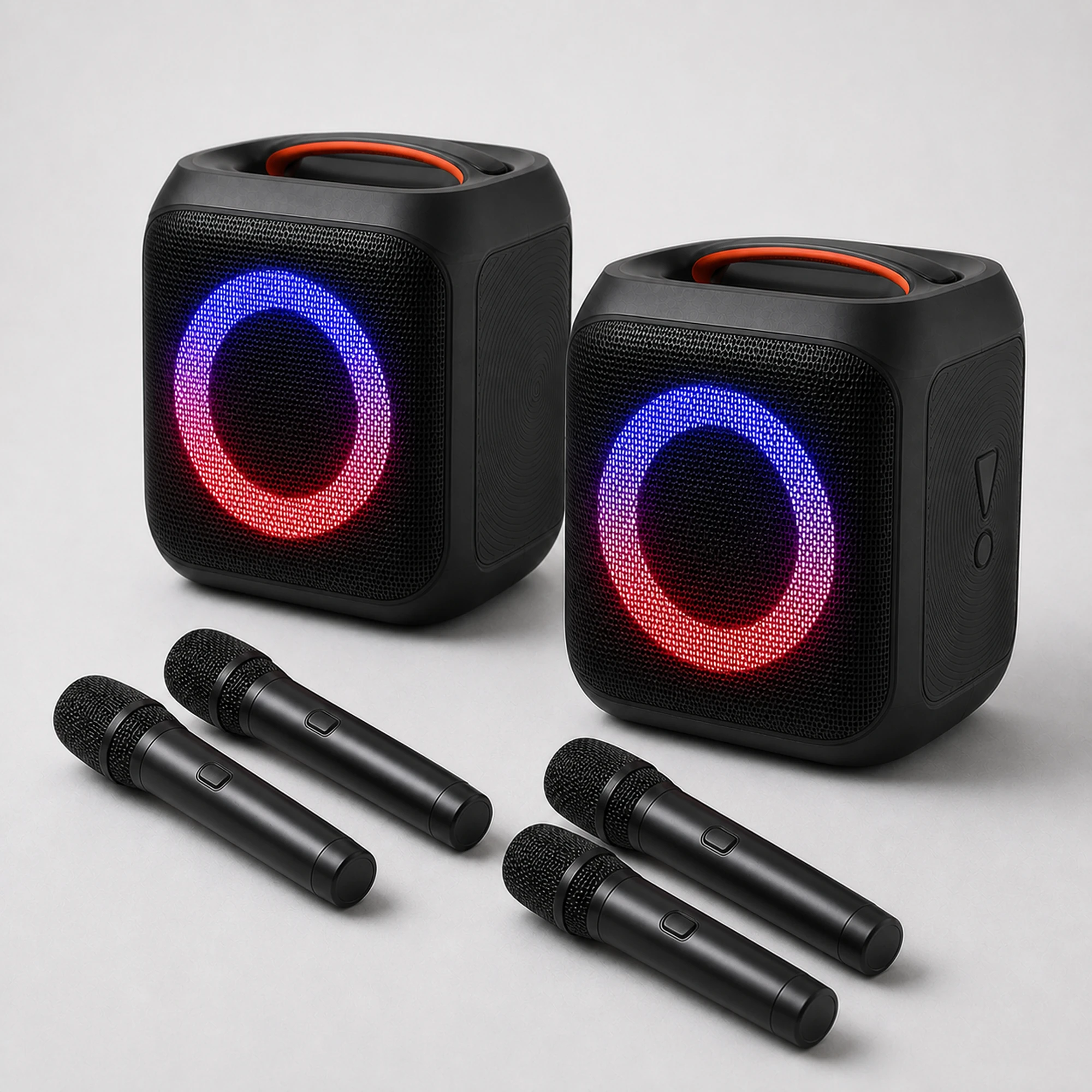 Two complete speaker sets with four wireless microphones
