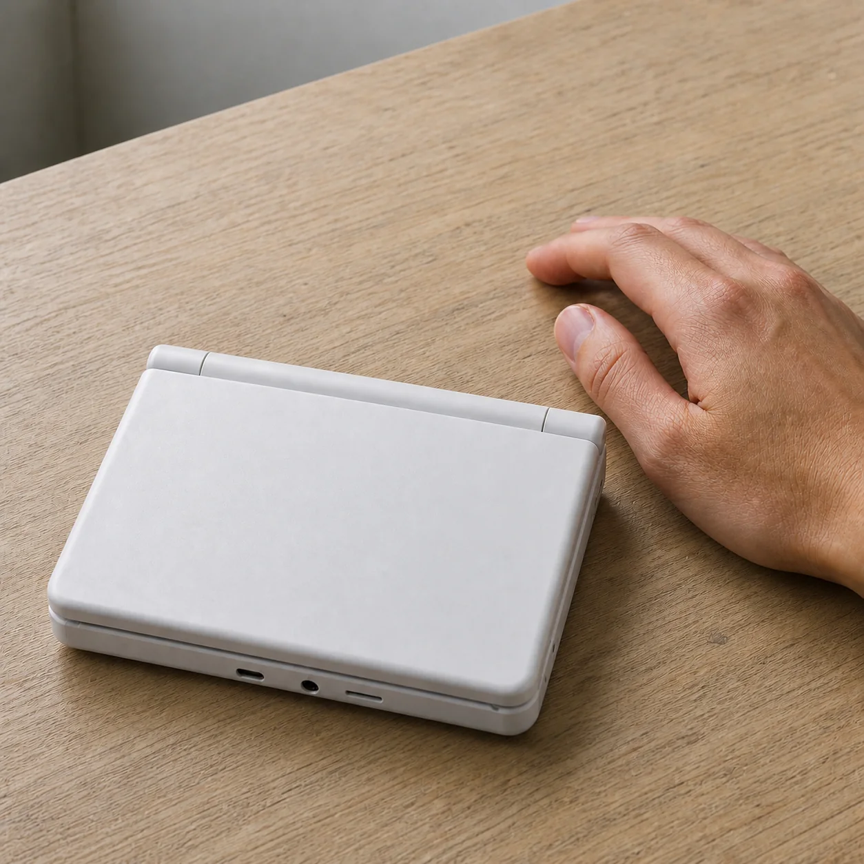 Pearl white handheld folded closed beside an adult hand for scale