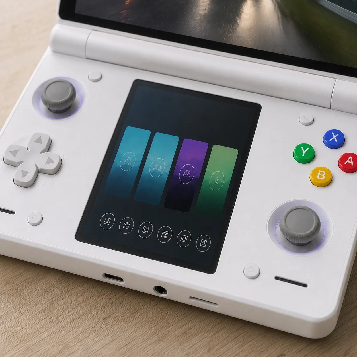 Close detail of the dual displays, Hall sticks, D-pad and labelled X Y A B buttons