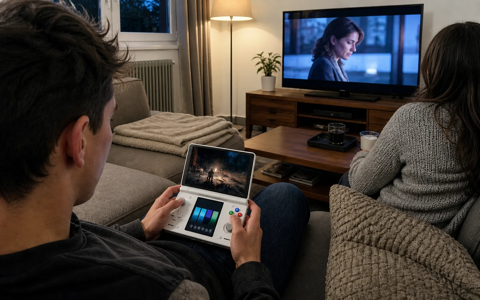 Player using the pearl dual-screen handheld while another person watches television