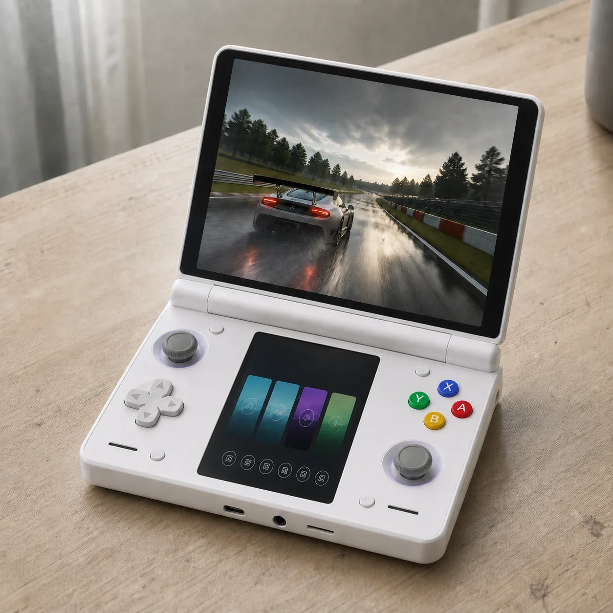 Pearl white dual-screen handheld open on a natural wood desk