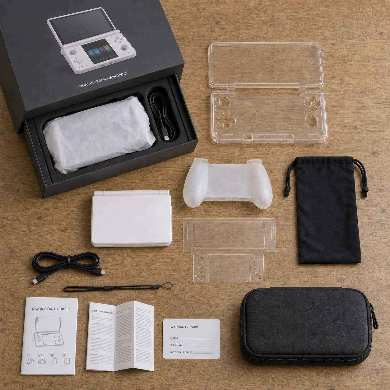 Open charcoal retail box with the unbranded handheld, USB-C cable, English documents and six bundle gifts