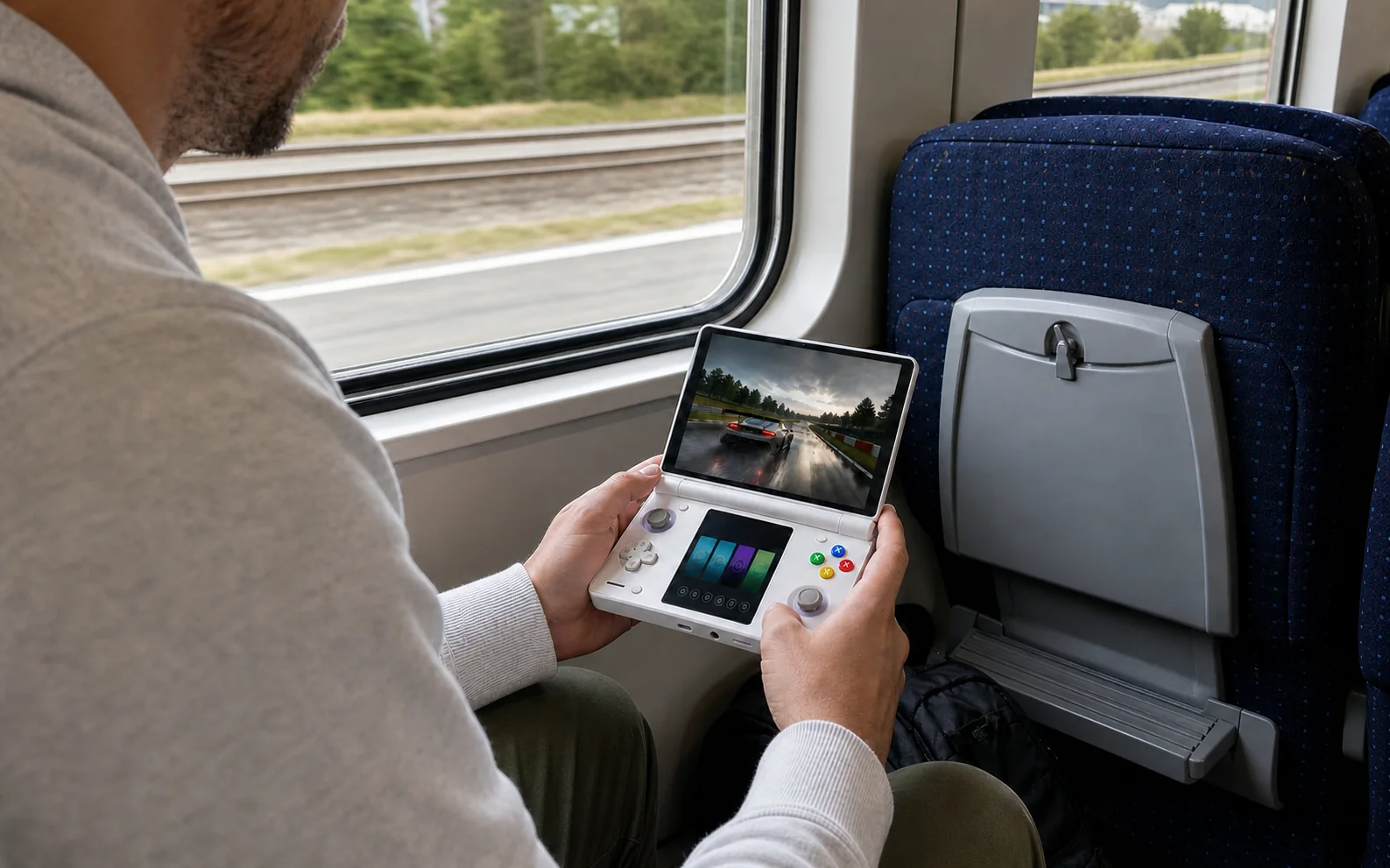 Passenger using the pearl dual-screen handheld during a European train journey