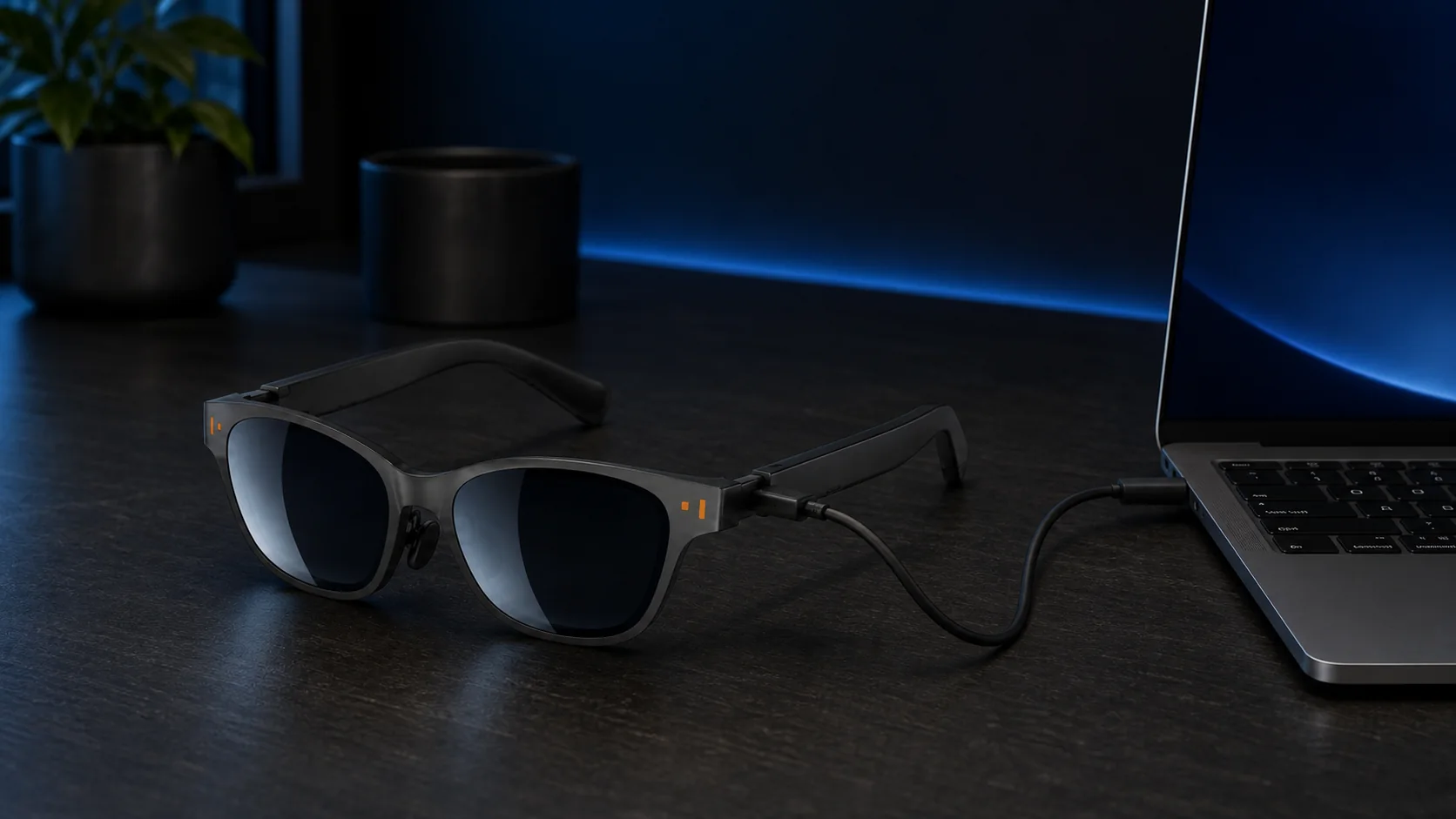 XR AR Glasses sind &uuml;ber USB-C mit einem kompatiblen Notebook verbunden