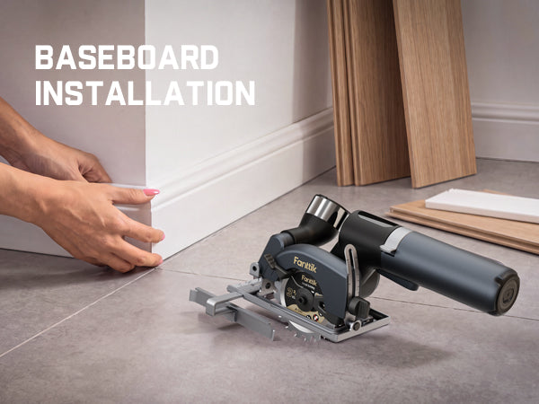 Compact O11 Pro saw positioned for baseboard installation