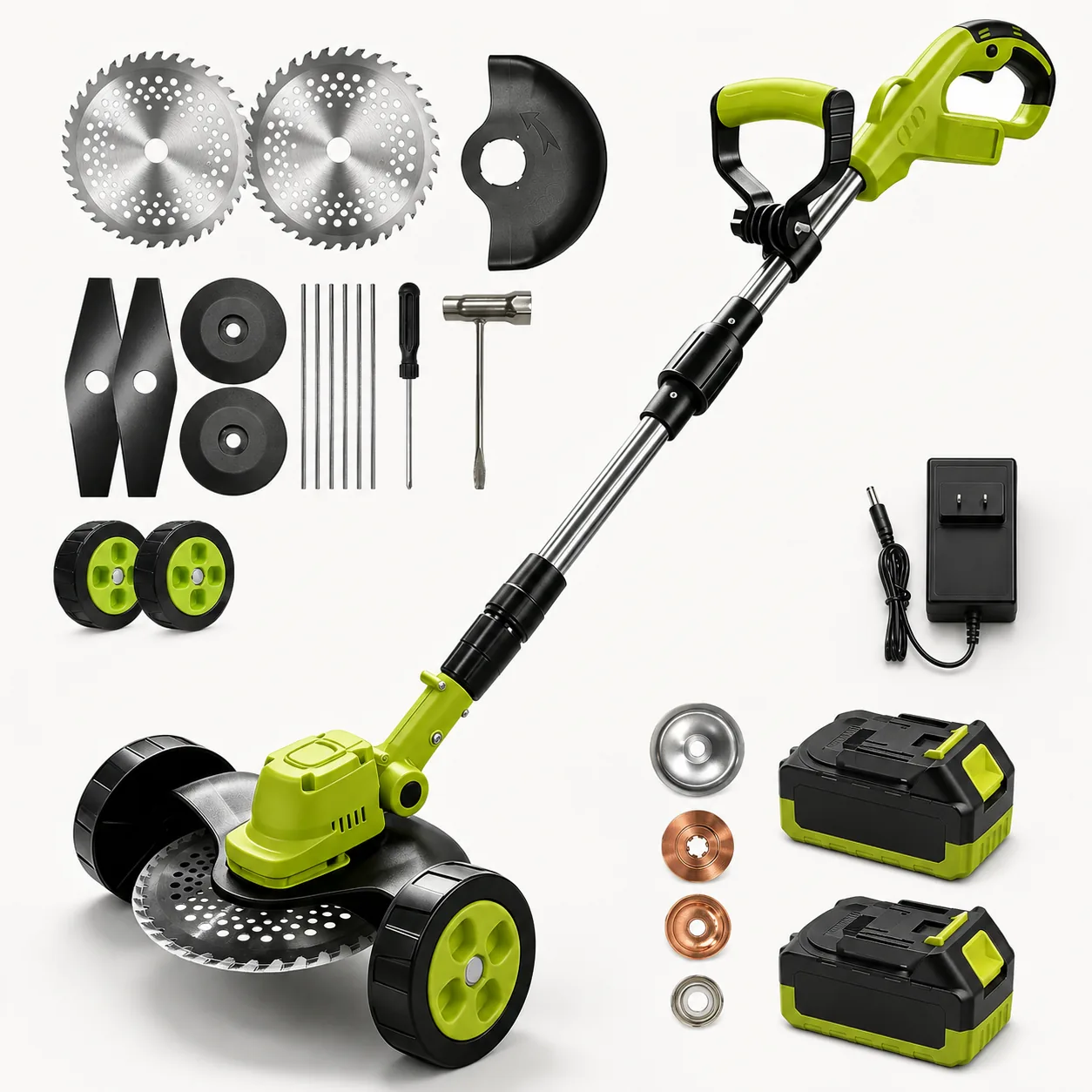 Complete unbranded trimmer kit with two batteries, charger, cutting attachments, wheels, guard and assembly tools