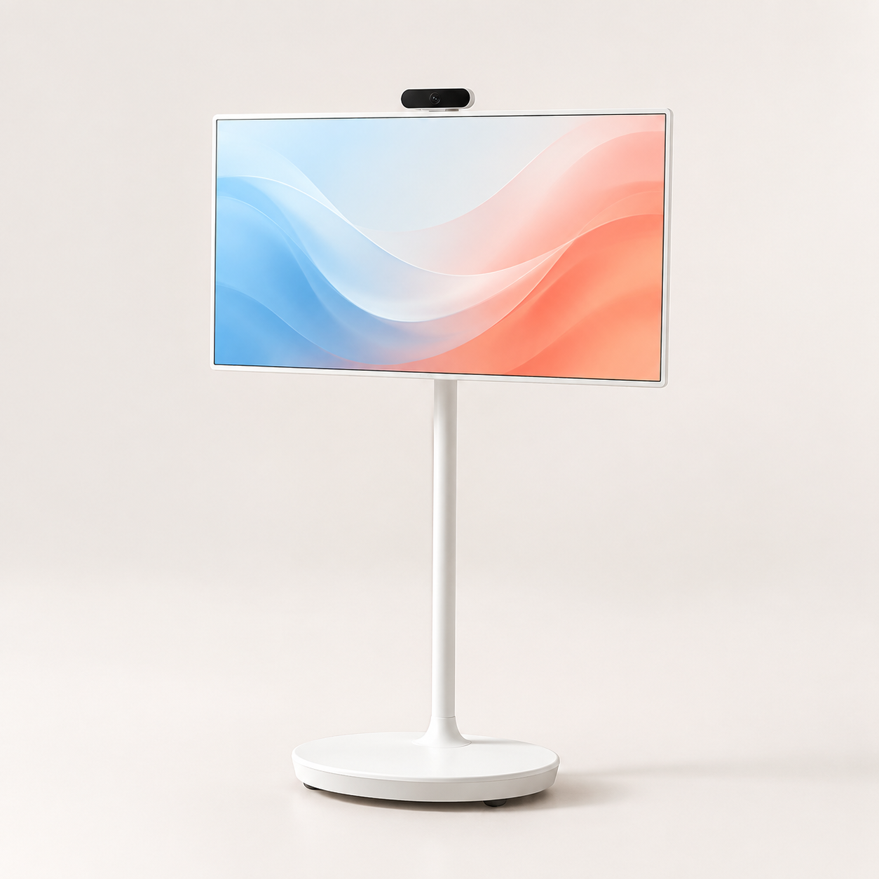 White 32-inch portable touchscreen TV on a rolling floor stand