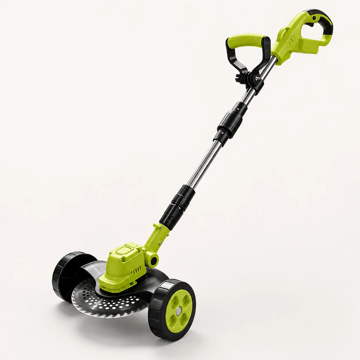 Unbranded lime and black cordless garden trimmer shown in full profile with dual wheels and telescopic shaft