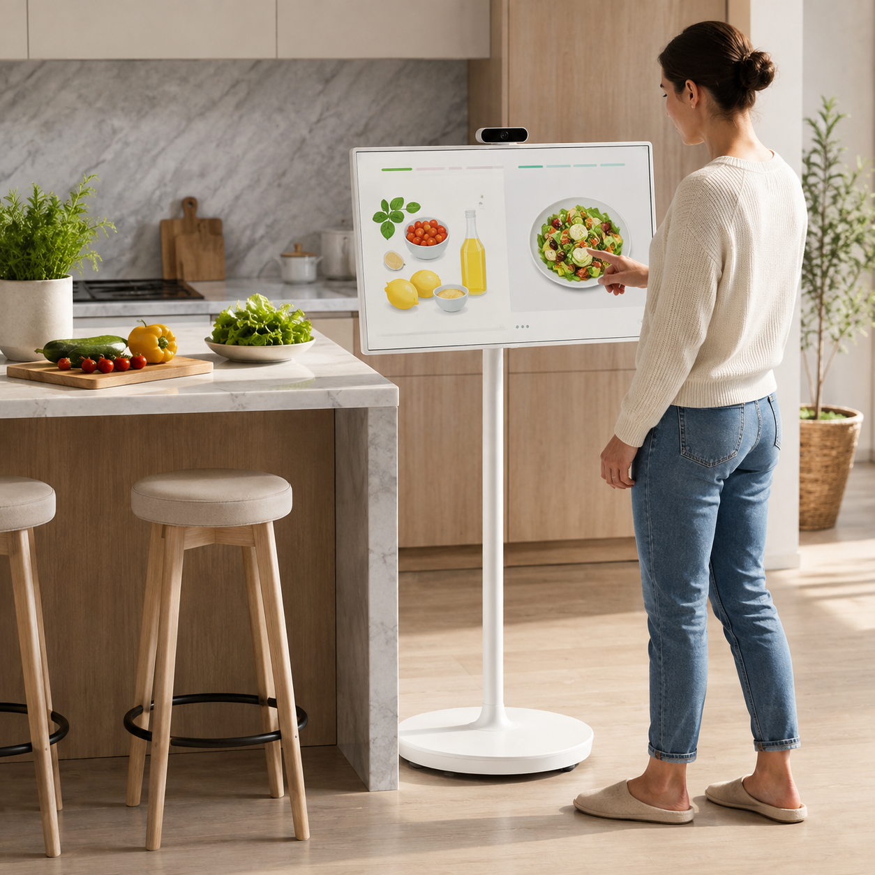 Portable touchscreen used beside a kitchen island
