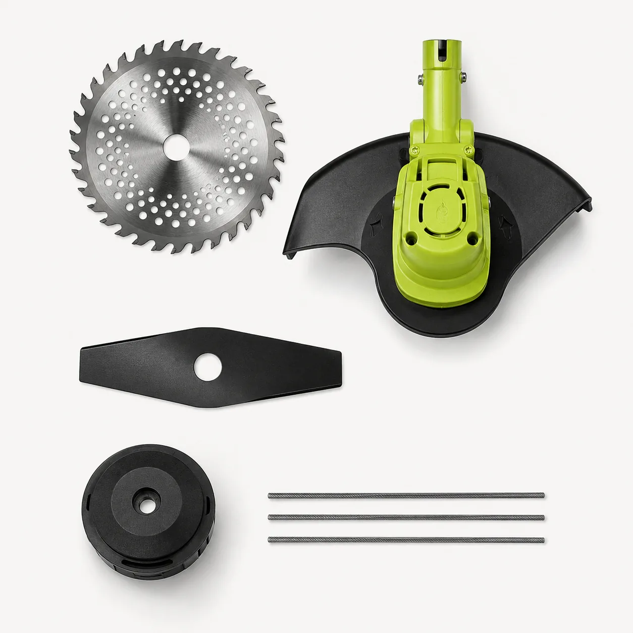 Three separate cutting formats shown clearly: perforated circular blade, flat metal blade and spool with line