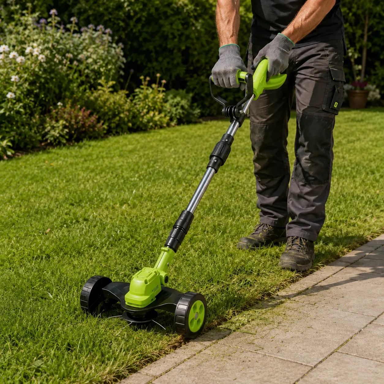 Adult using the line head along a straight grass and paving edge