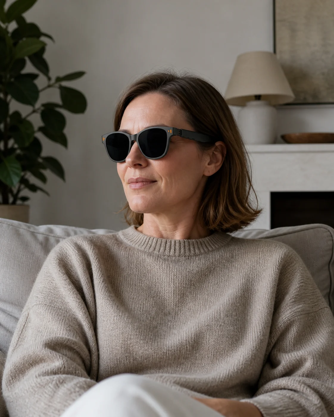 Person wearing XR glasses comfortably at home