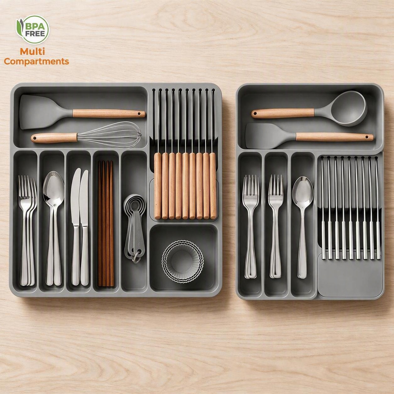 2 Pack Food Grade Silicone Cutlery Drawer Organiser, Multi-use Storage for Kitchen Utensils & Daily Items, Fits All Drawers