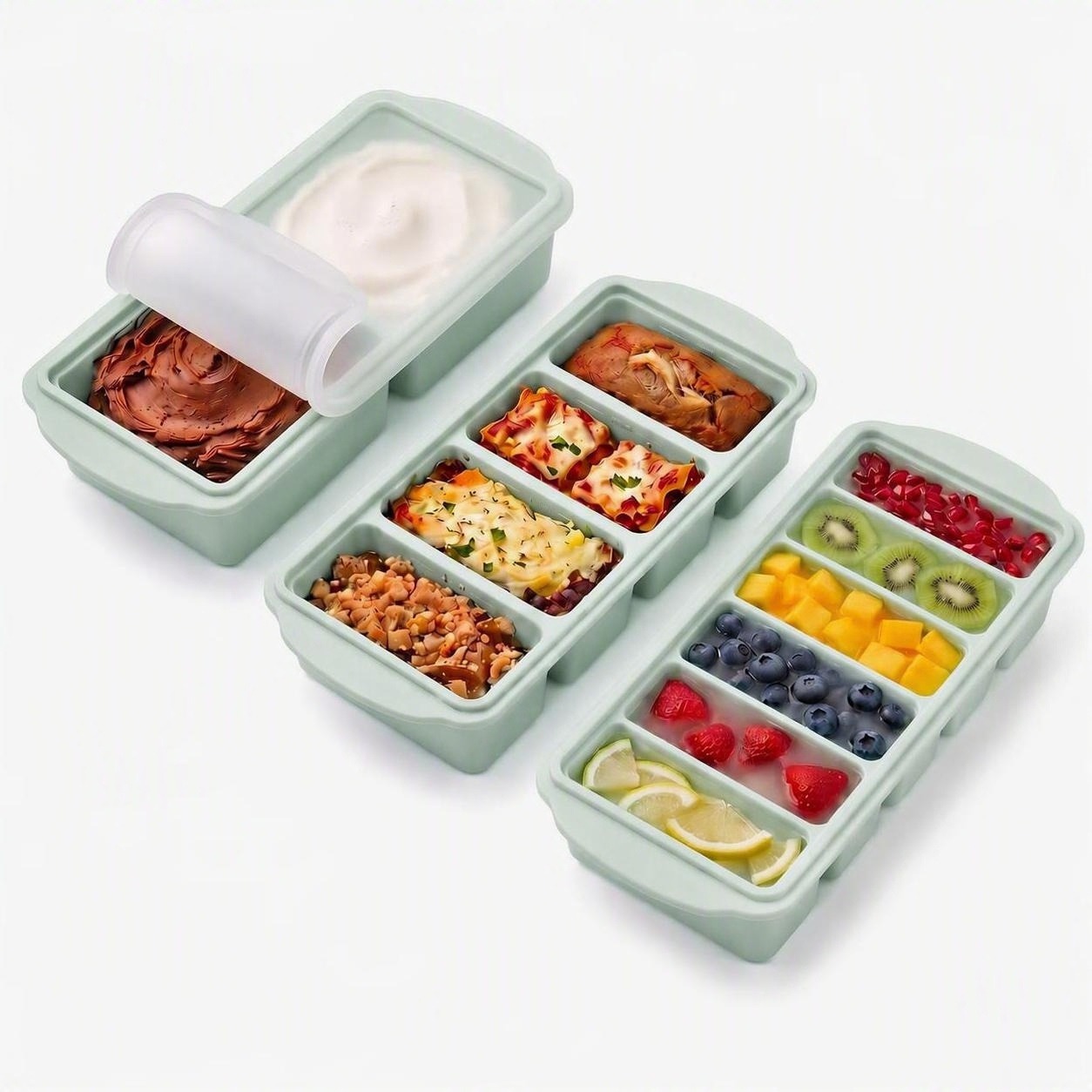 MYMULIKE 3 Pack Silicone Freezer Tray, Food Grade Multi-Purpose Reusable Easy Release Molds for Meal Prep, Soup & Leftover Storage