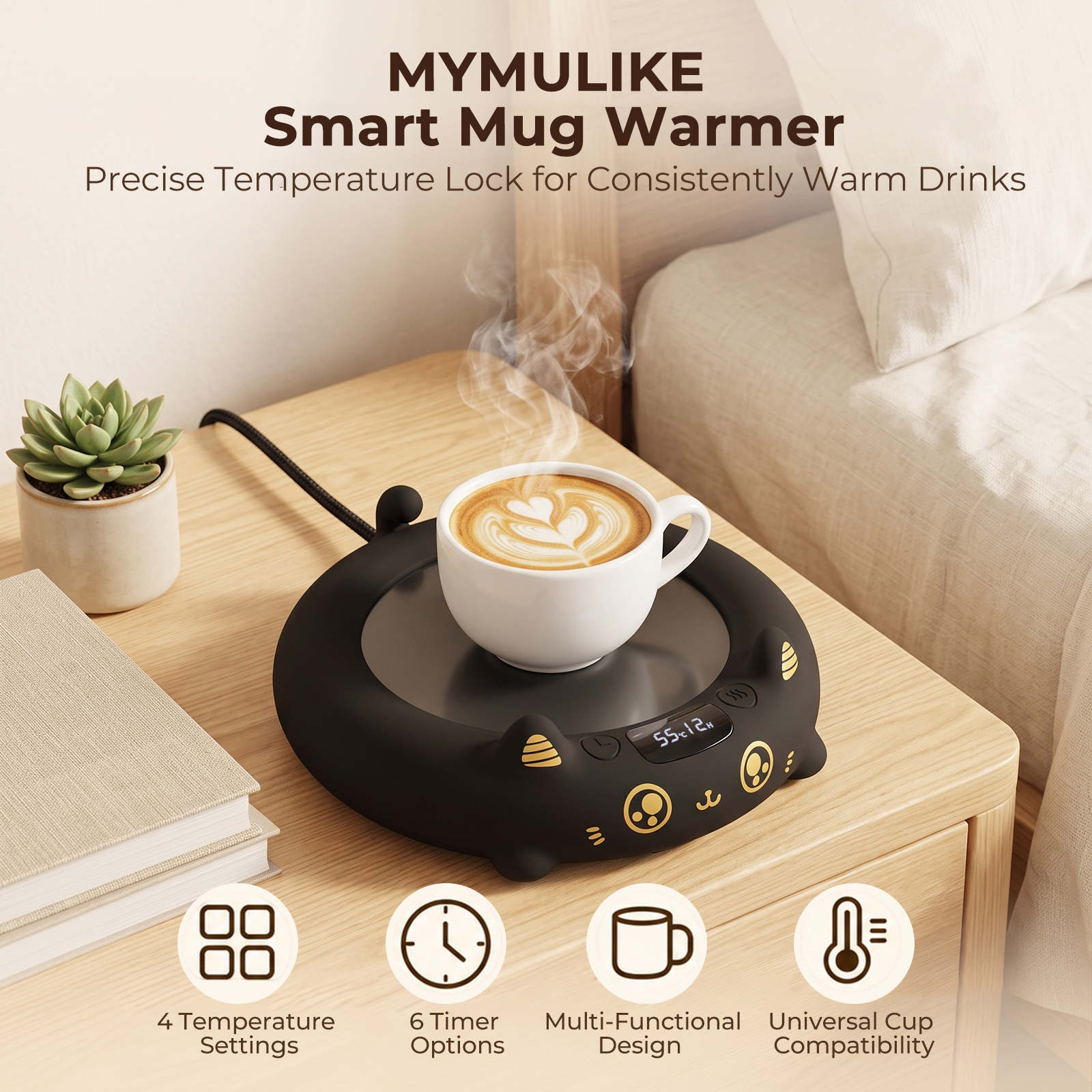 MYMULIKE Cat Mug Warmer, Cute Pet Design Electric Coffee Mug Warmer, 4 Temp Settings Drink Heating Coaster with Timer, Desk Coffee Cup Warmer for Home Office