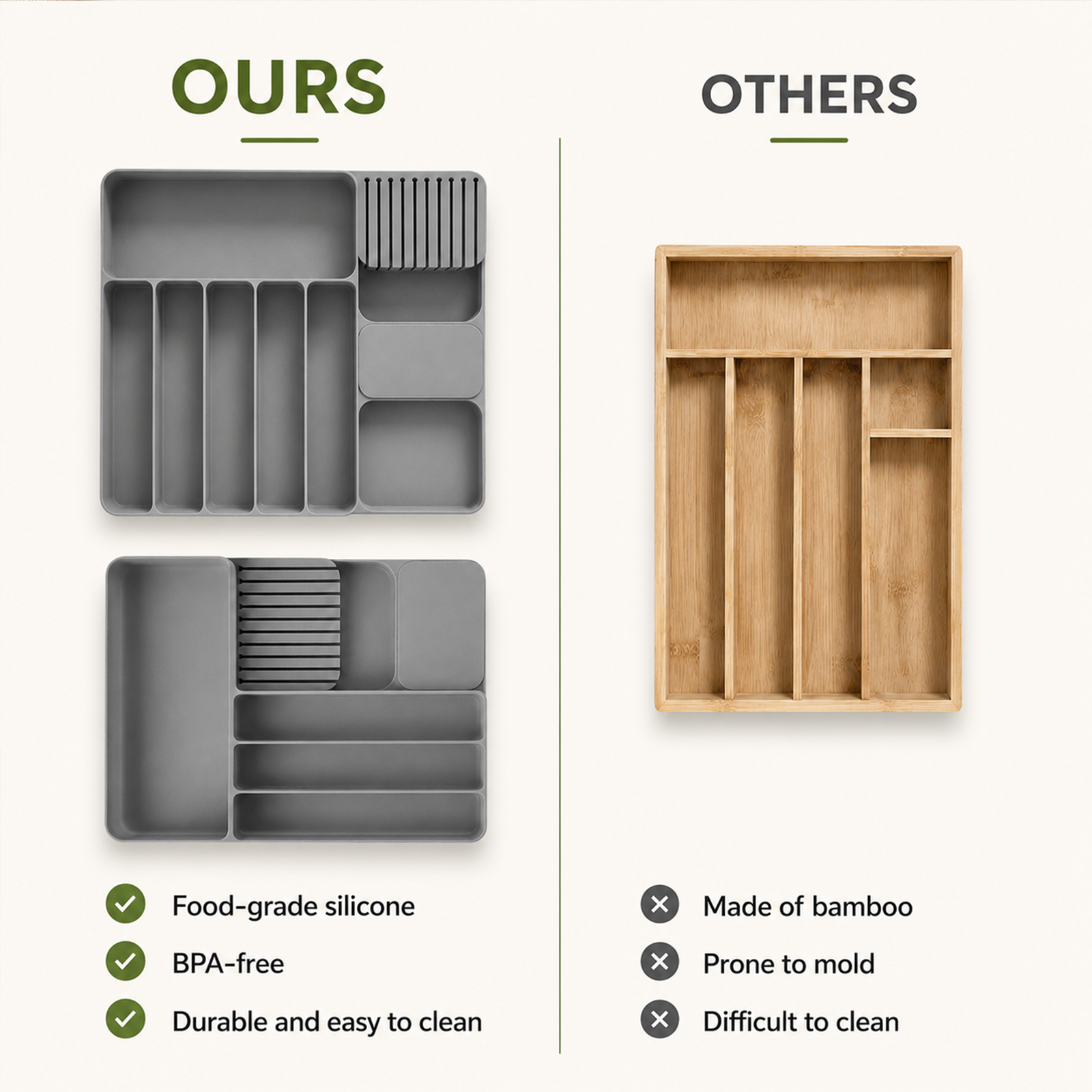 2 Pack Food Grade Silicone Cutlery Drawer Organiser, Multi-use Storage for Kitchen Utensils & Daily Items, Fits All Drawers