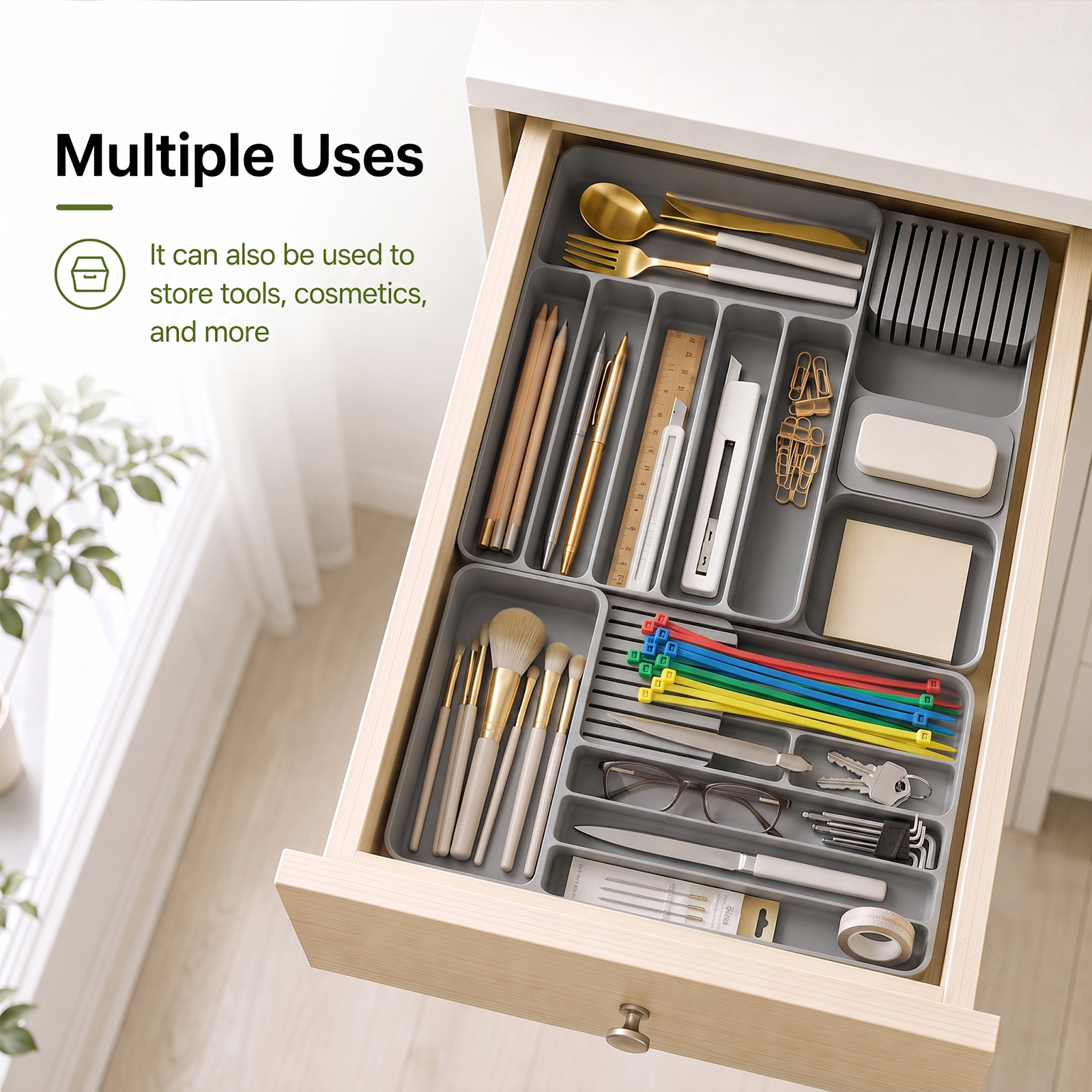 2 Pack Food Grade Silicone Cutlery Drawer Organiser, Multi-use Storage for Kitchen Utensils & Daily Items, Fits All Drawers