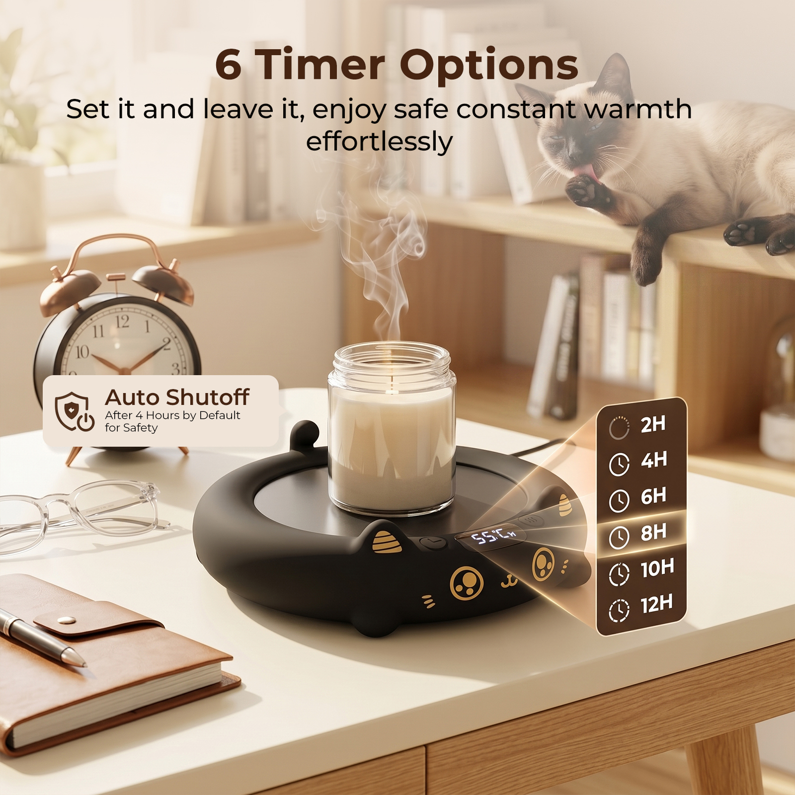 MYMULIKE Cat Mug Warmer, Cute Pet Design Electric Coffee Mug Warmer, 4 Temp Settings Drink Heating Coaster with Timer, Desk Coffee Cup Warmer for Home Office