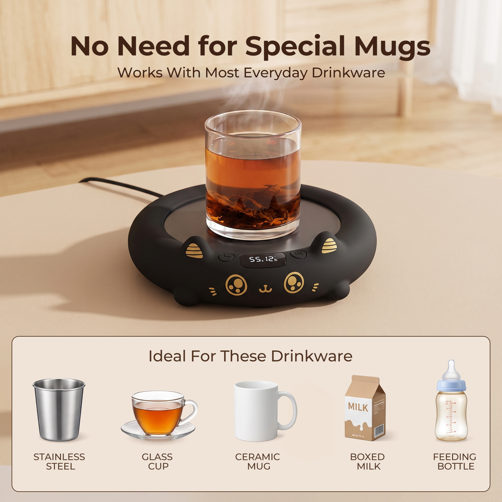 MYMULIKE Cat Mug Warmer, Cute Pet Design Electric Coffee Mug Warmer, 4 Temp Settings Drink Heating Coaster with Timer, Desk Coffee Cup Warmer for Home Office