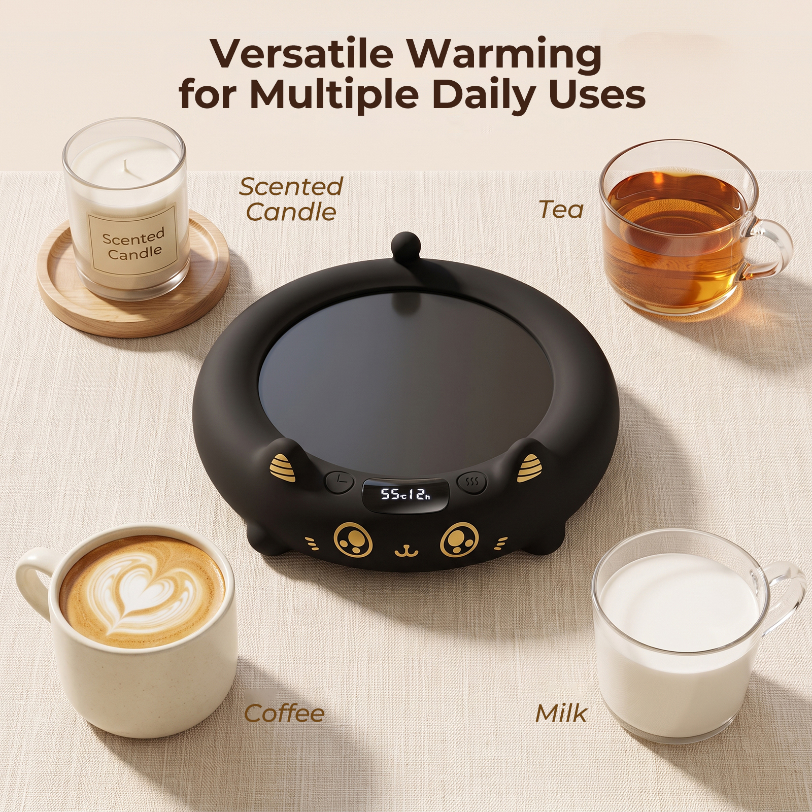 MYMULIKE Cat Mug Warmer, Cute Pet Design Electric Coffee Mug Warmer, 4 Temp Settings Drink Heating Coaster with Timer, Desk Coffee Cup Warmer for Home Office