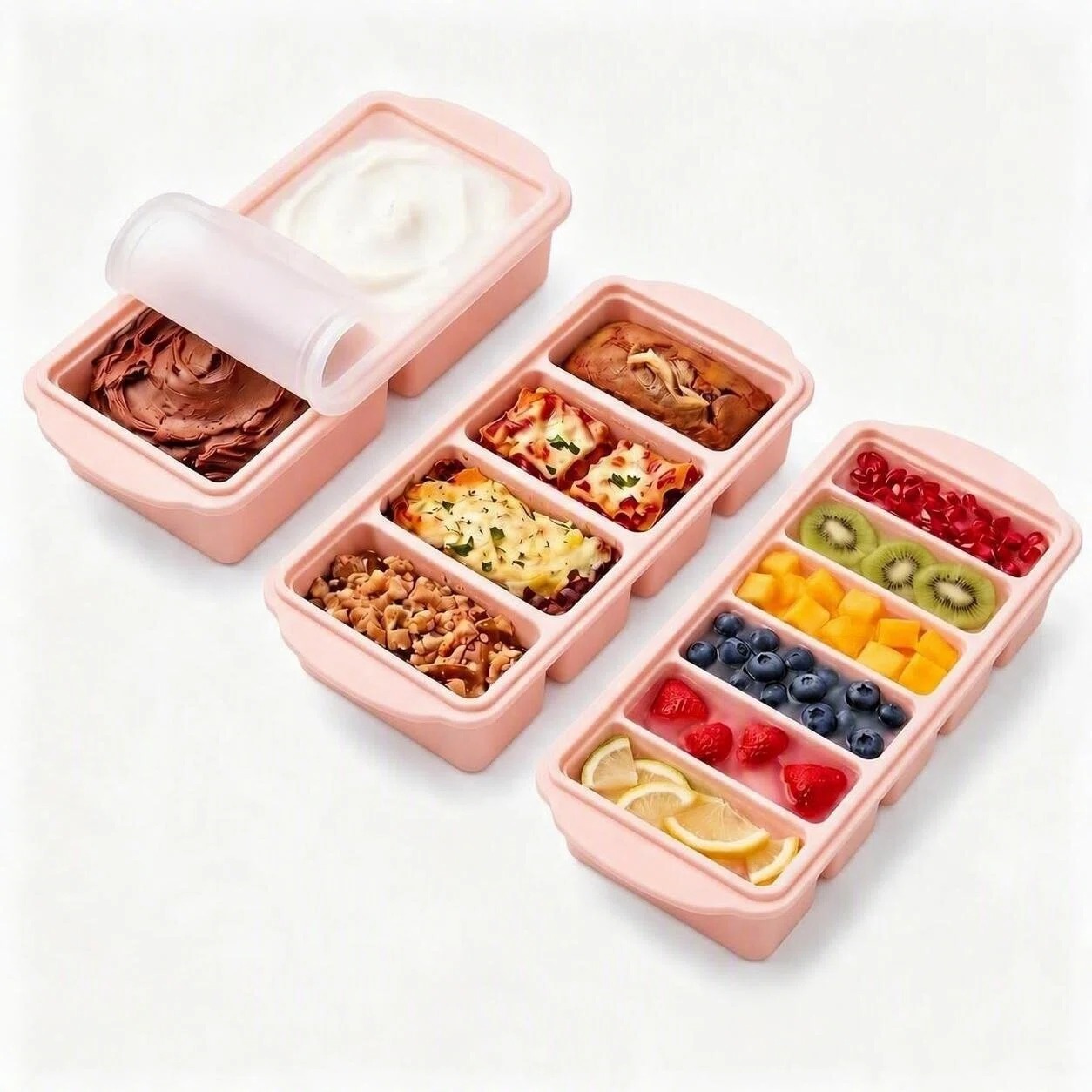 MYMULIKE 3 Pack Silicone Freezer Tray, Food Grade Multi-Purpose Reusable Easy Release Molds for Meal Prep, Soup & Leftover Storage