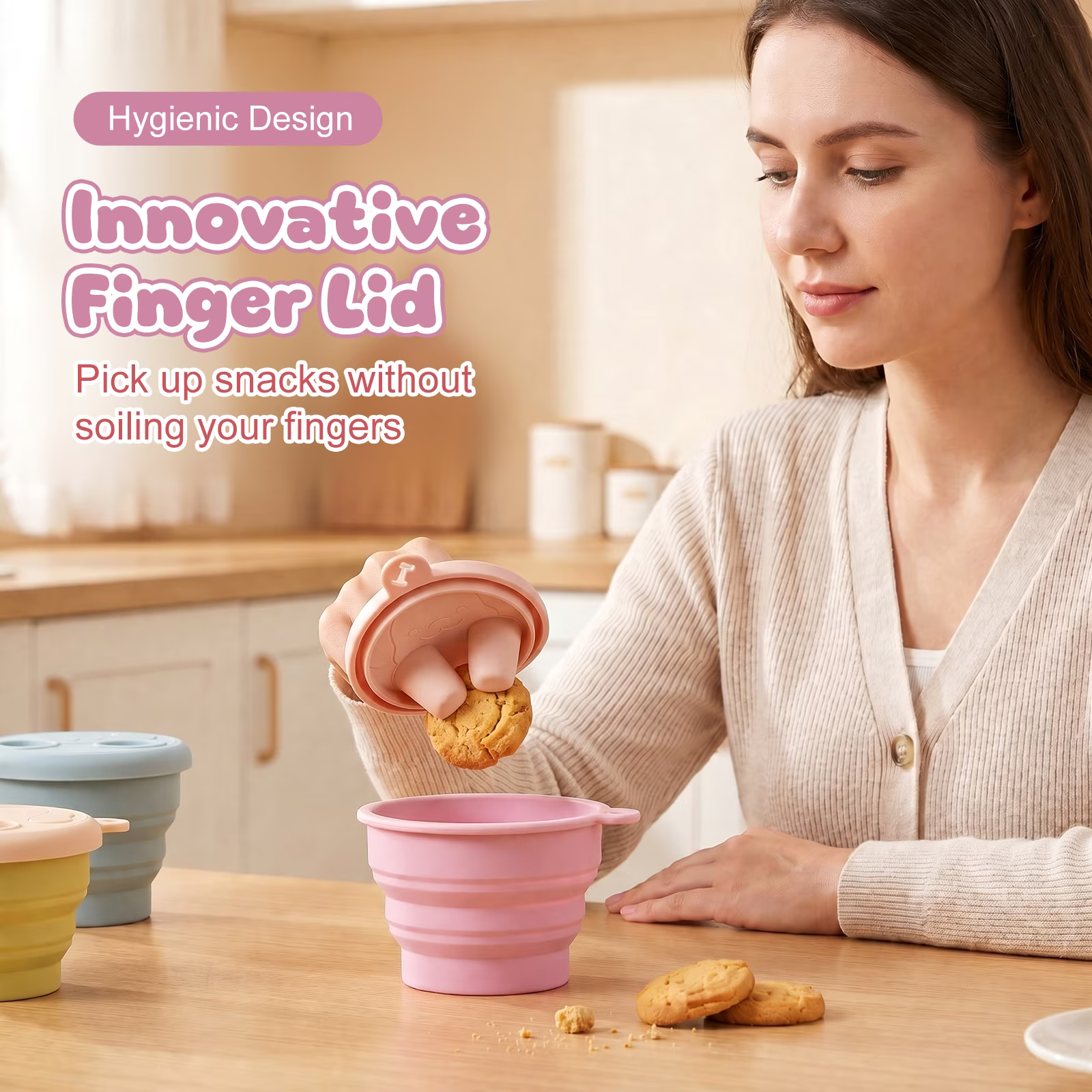 MYMULIKE Snack Finger Container, 2-in-1 No-Mess Snack Container with Fingertip Cover Portable Silicone Foldable Food Containers for Travel Camping Outdoor Keep Hands Clean (Pink)