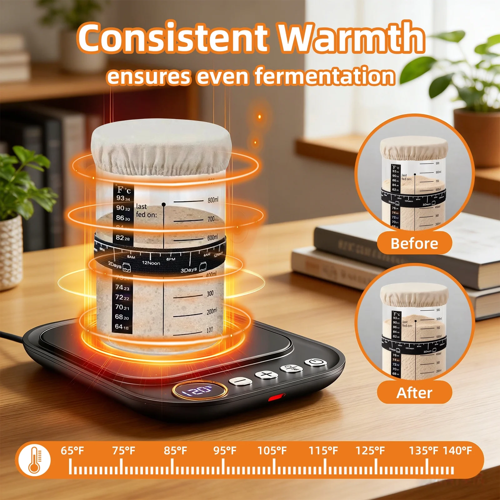 Sourdough Starter Warmer Mat for Jars up to 40 oz with Temp Memory Function & Precise 1°F Thermostat Control (65-140°F), Sourdough Warming Mat for Home Baking with 24H Timer (Black)
